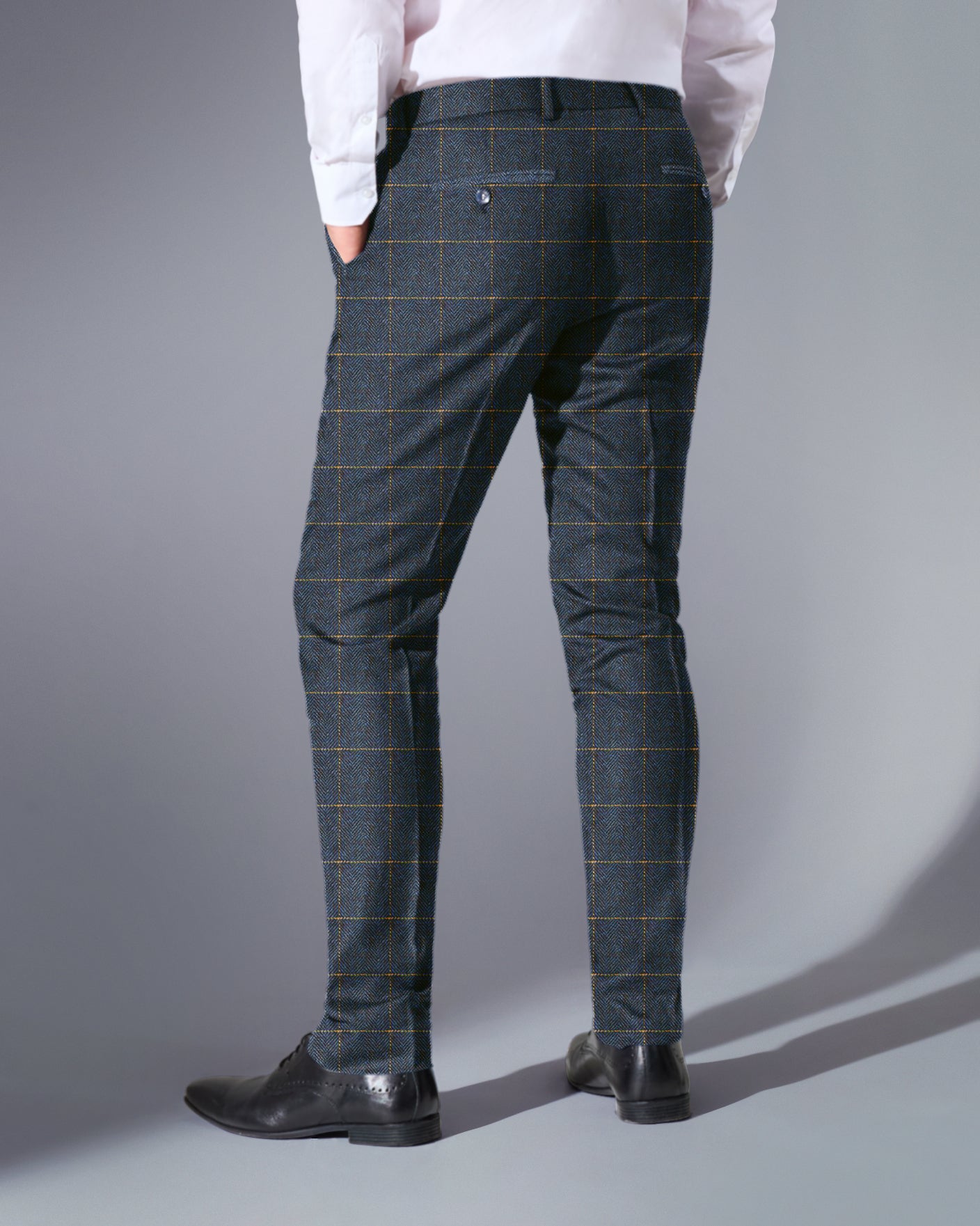 close tailored fit dark blue checked suit- grey blue