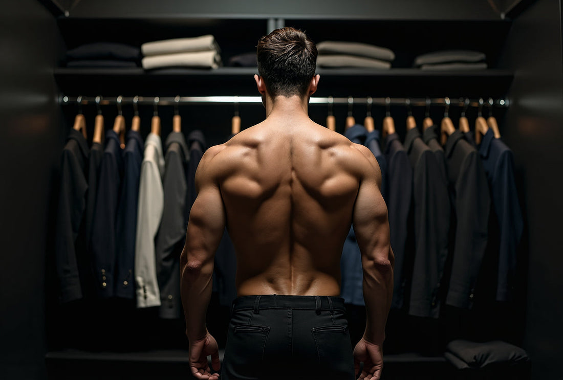 Muscular man standing in walk in wardrobe 