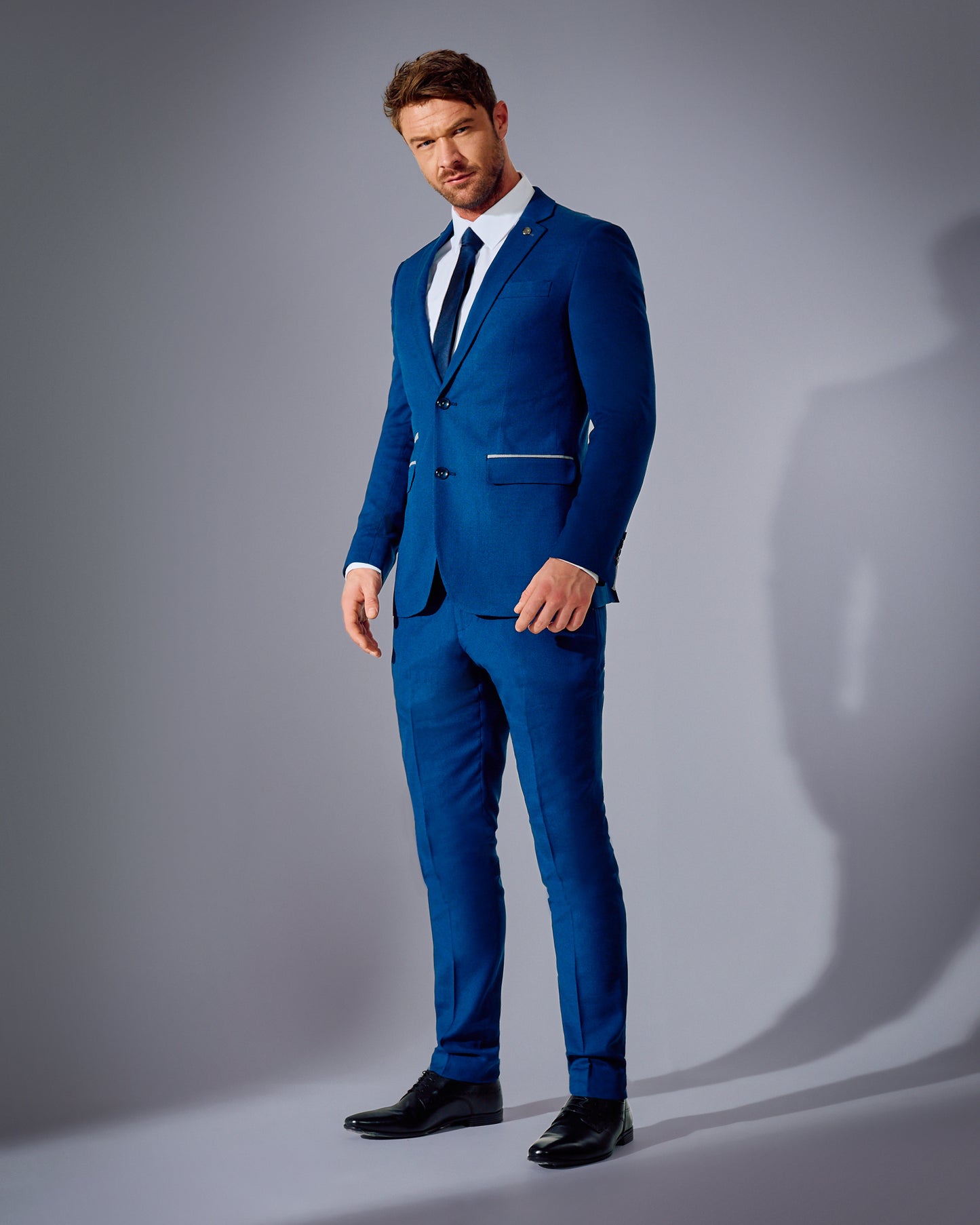 close tailored fit blue suit- ocean wave blue