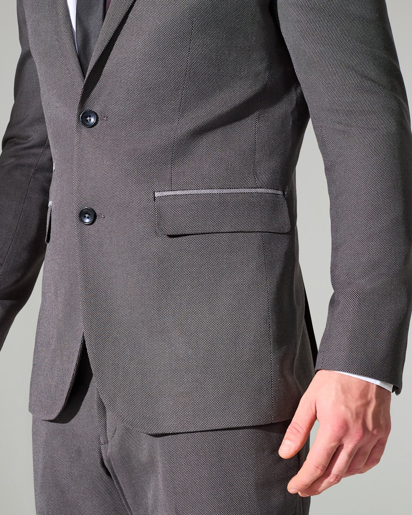 close tailored fit dark grey textured suit- hilltop rock grey