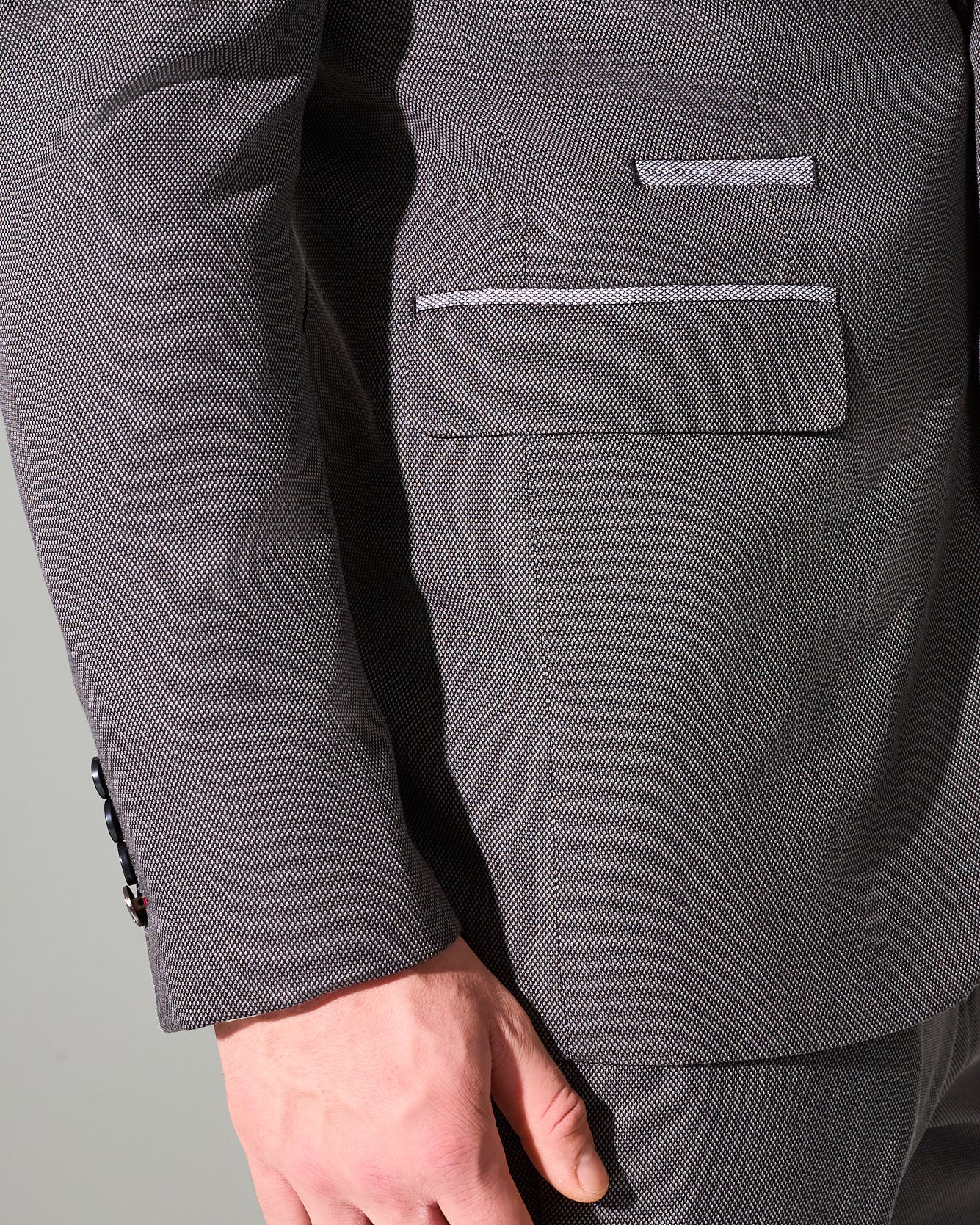 close tailored fit dark grey textured suit- hilltop rock grey
