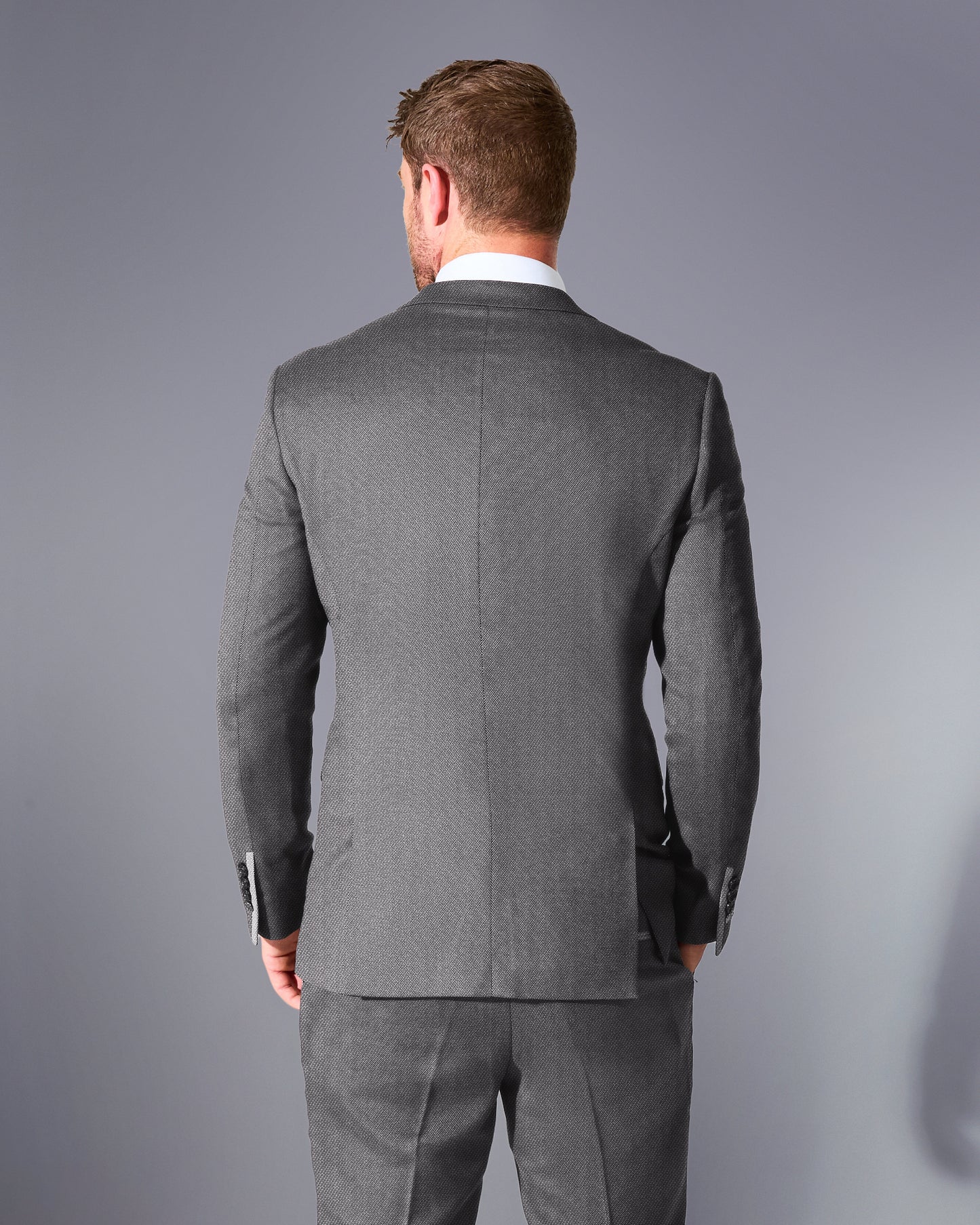 close tailored fit grey textured suit- steel grey