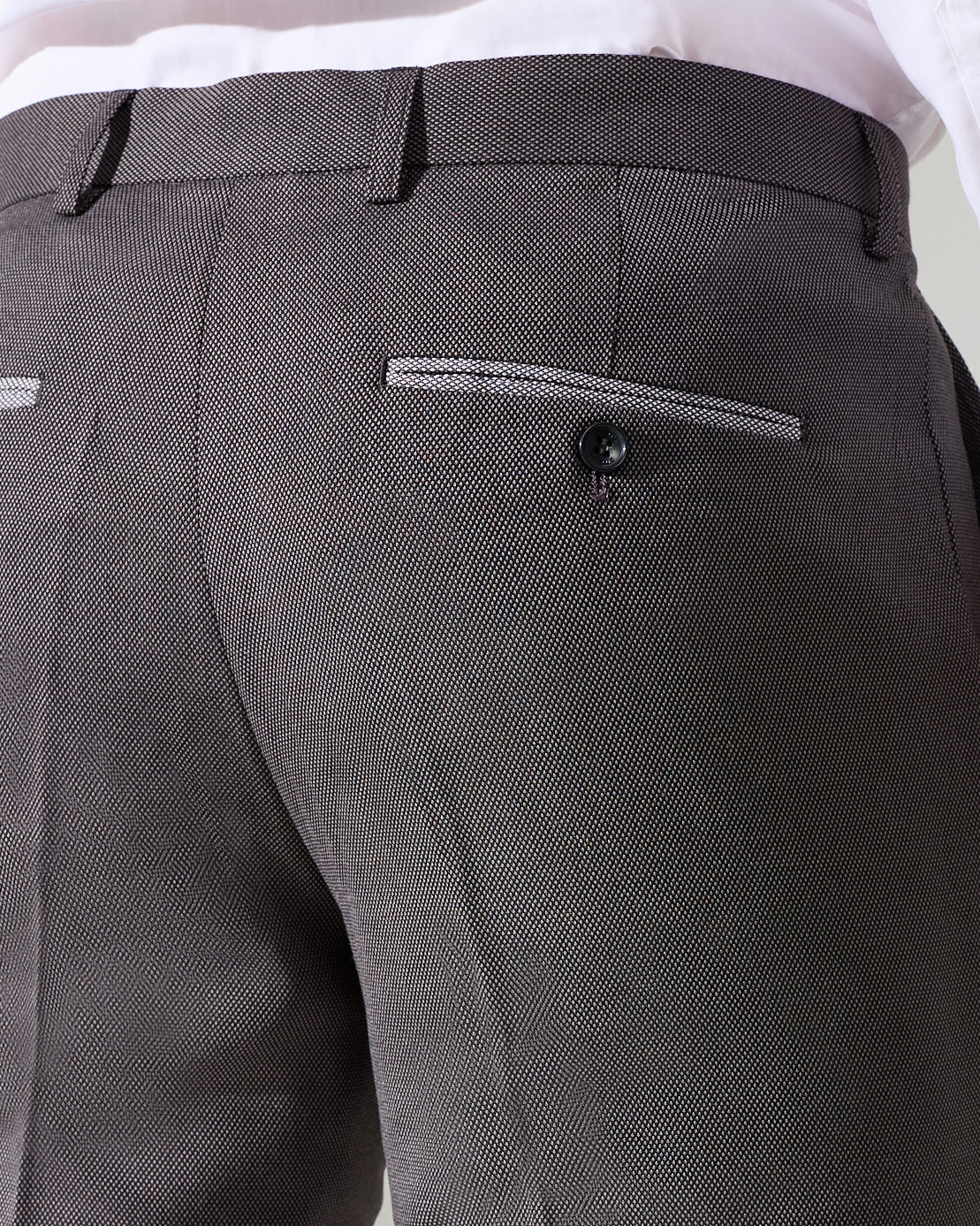 close tailored fit dark grey textured suit- hilltop rock grey