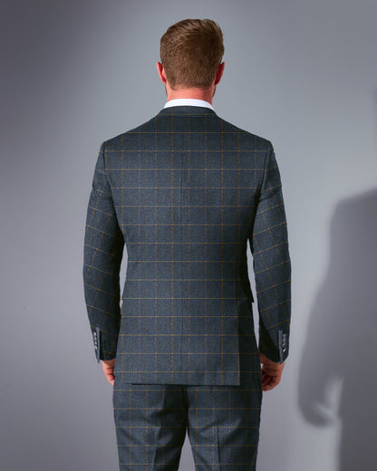 Close Tailored Fit Dark Blue Checked Suit- Grey Blue
