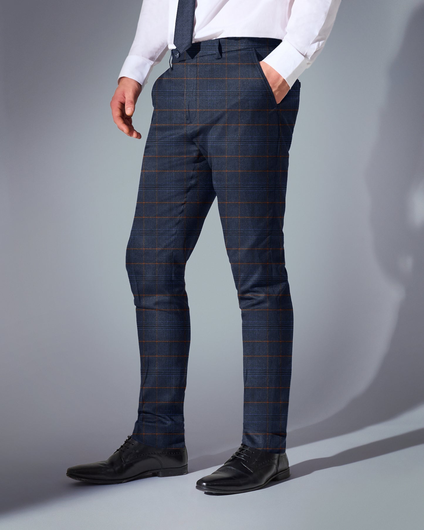 close tailored fit navy blue checked suit- window box blue