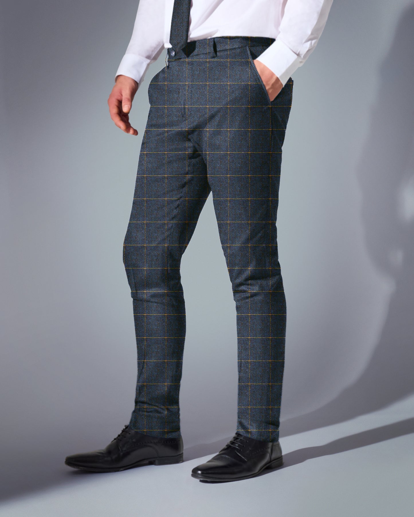 close tailored fit dark blue checked suit- grey blue