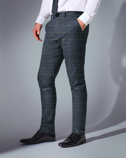 Close Tailored Fit Dark Blue Checked Suit- Grey Blue