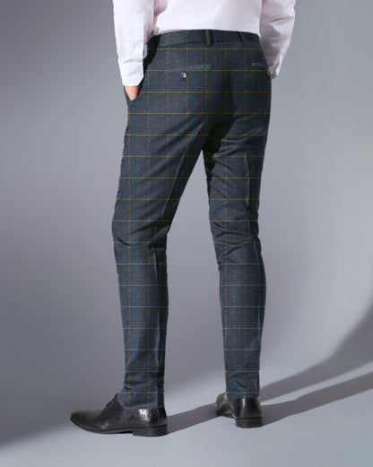 Close Tailored Fit Dark Blue Checked Suit- Grey Blue