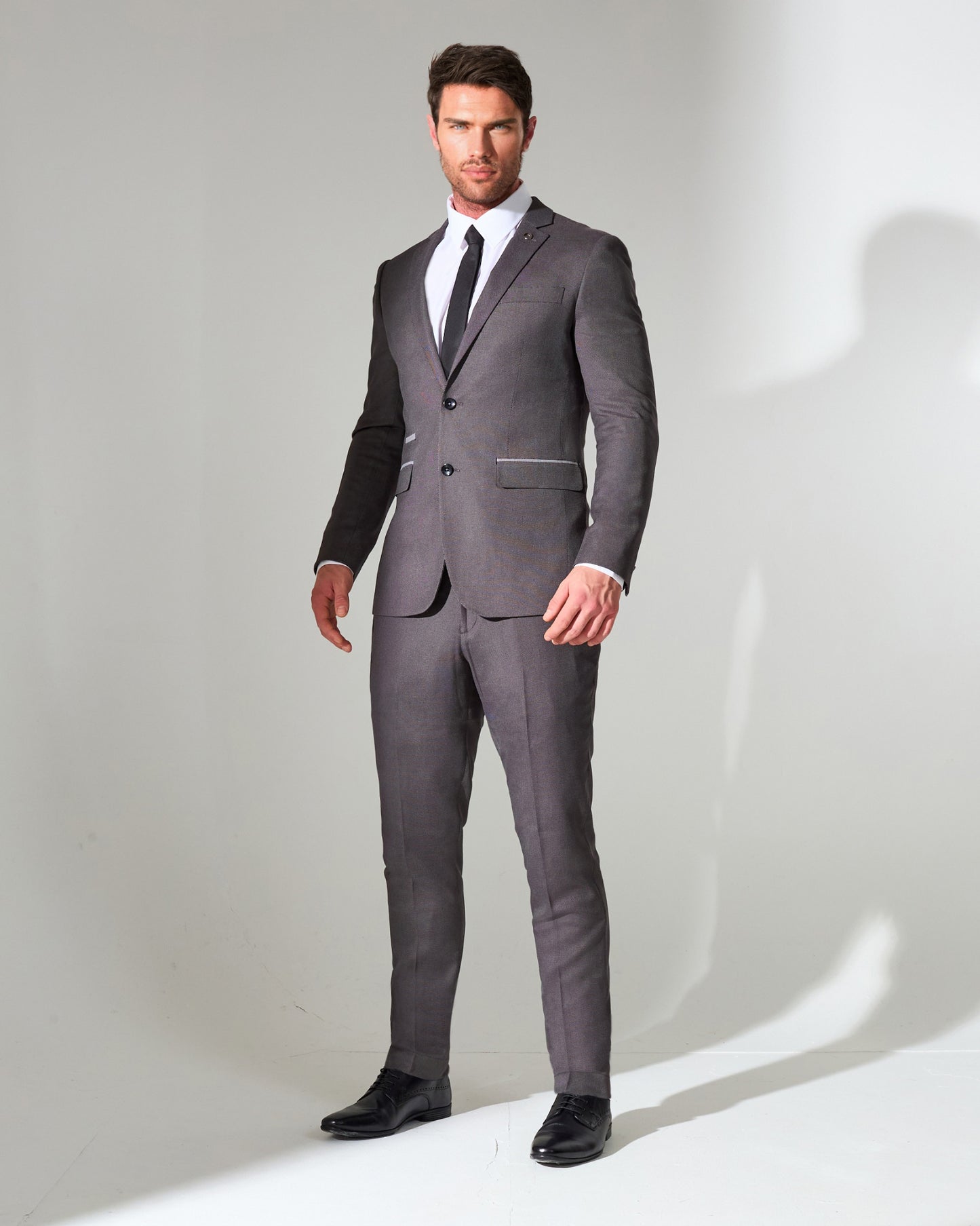 close tailored fit dark grey textured suit- hilltop rock grey