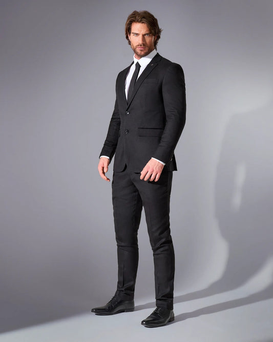 Close Tailored Fit Black Textured Suit- Midnight Black