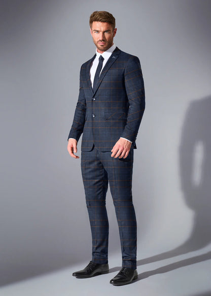 Close Tailored Fit Navy Blue Checked Suit- Window Box Blue