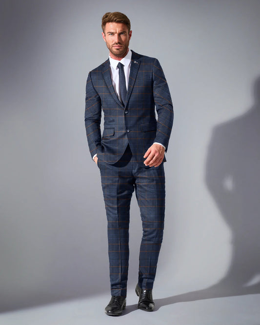 Close Tailored Fit Navy Blue Checked Suit- Window Box Blue