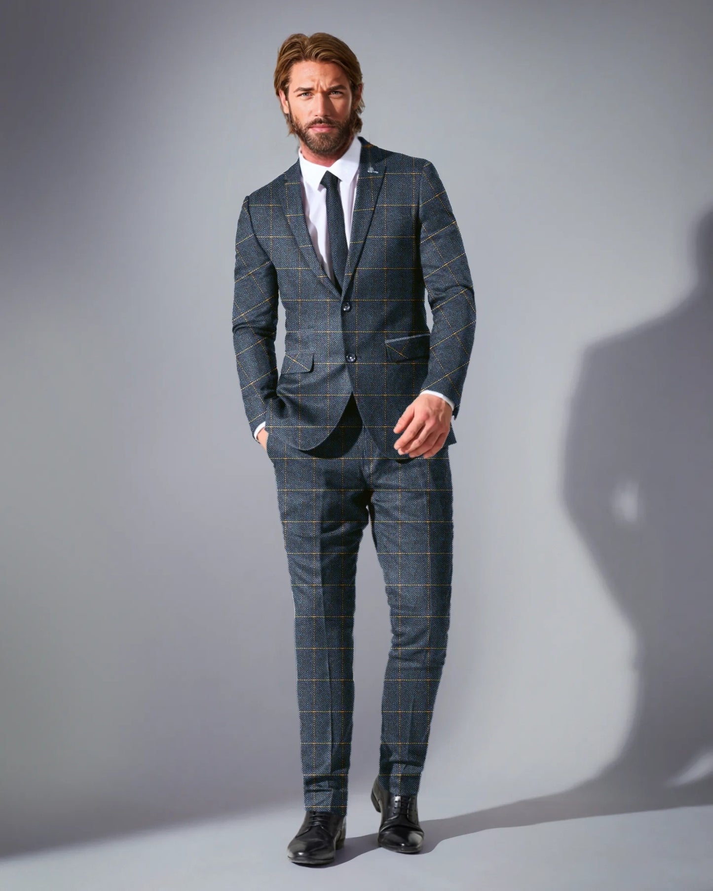 close tailored fit dark blue checked suit- grey blue