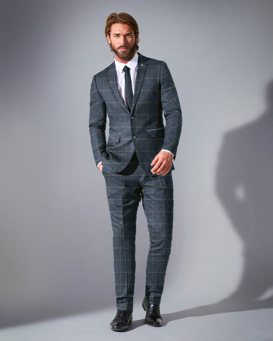 Close Tailored Fit Dark Blue Checked Suit- Grey Blue