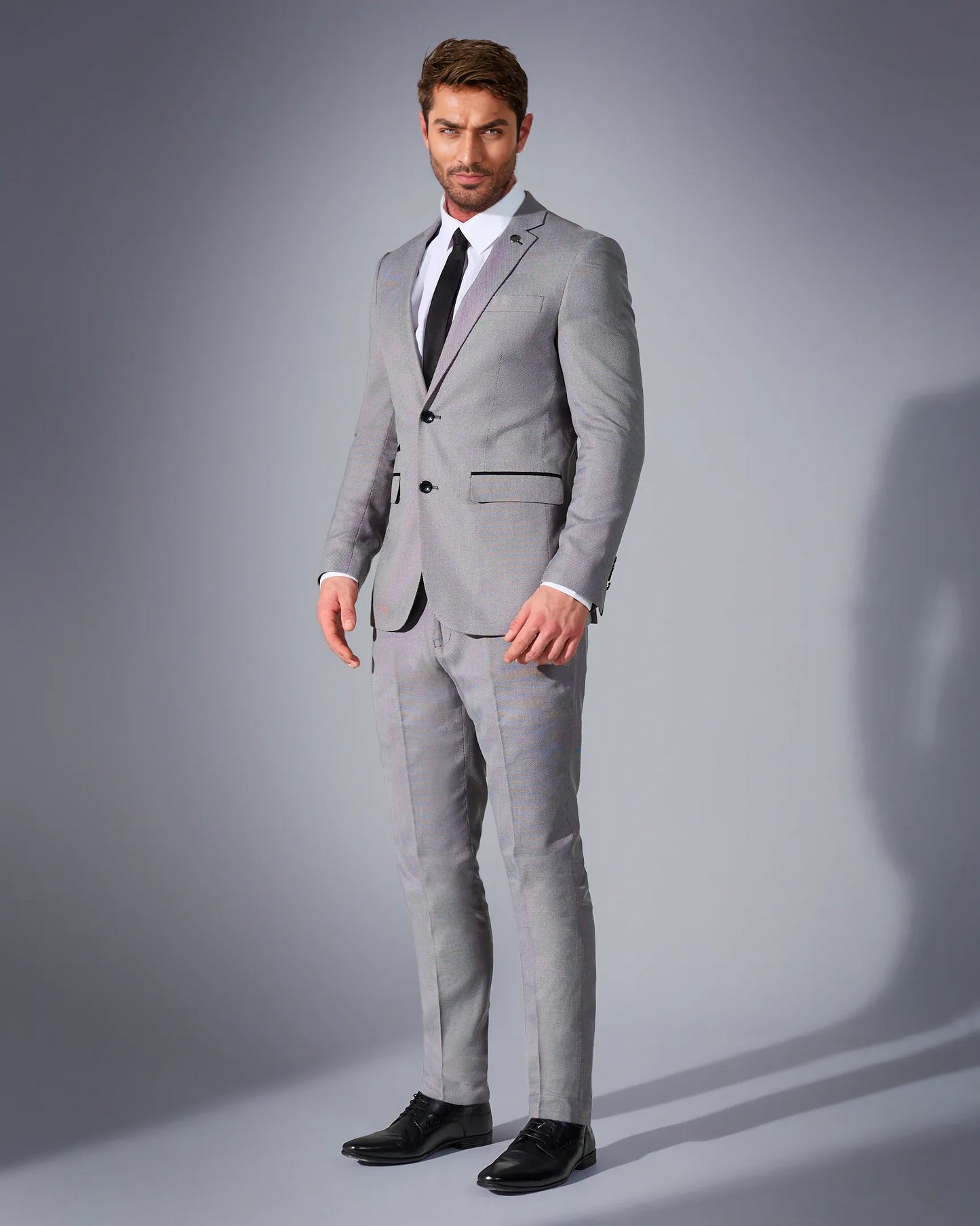 close tailored fit light grey textured suit- marble stone grey