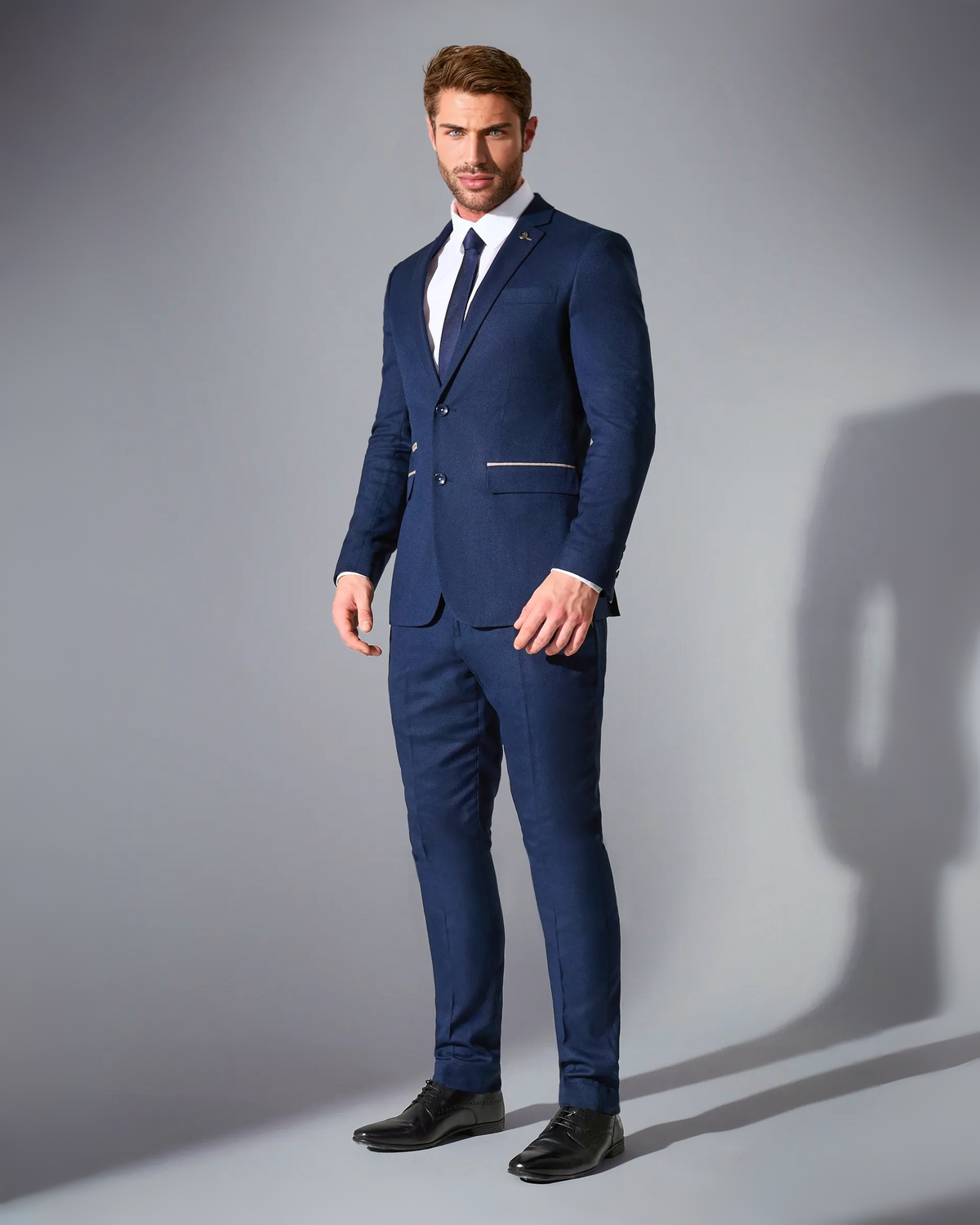 close tailored fit navy blue textured suit- royal navy blue