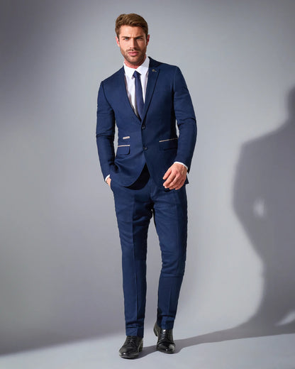 Close Tailored Fit Navy Blue Textured Suit- Royal Navy Blue