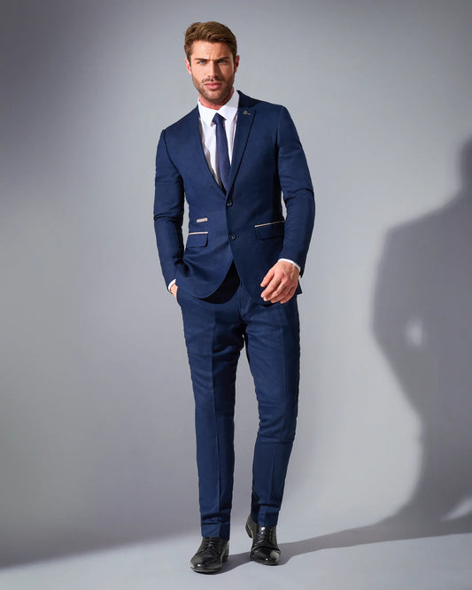 Close Tailored Fit Navy Blue Textured Suit- Royal Navy Blue