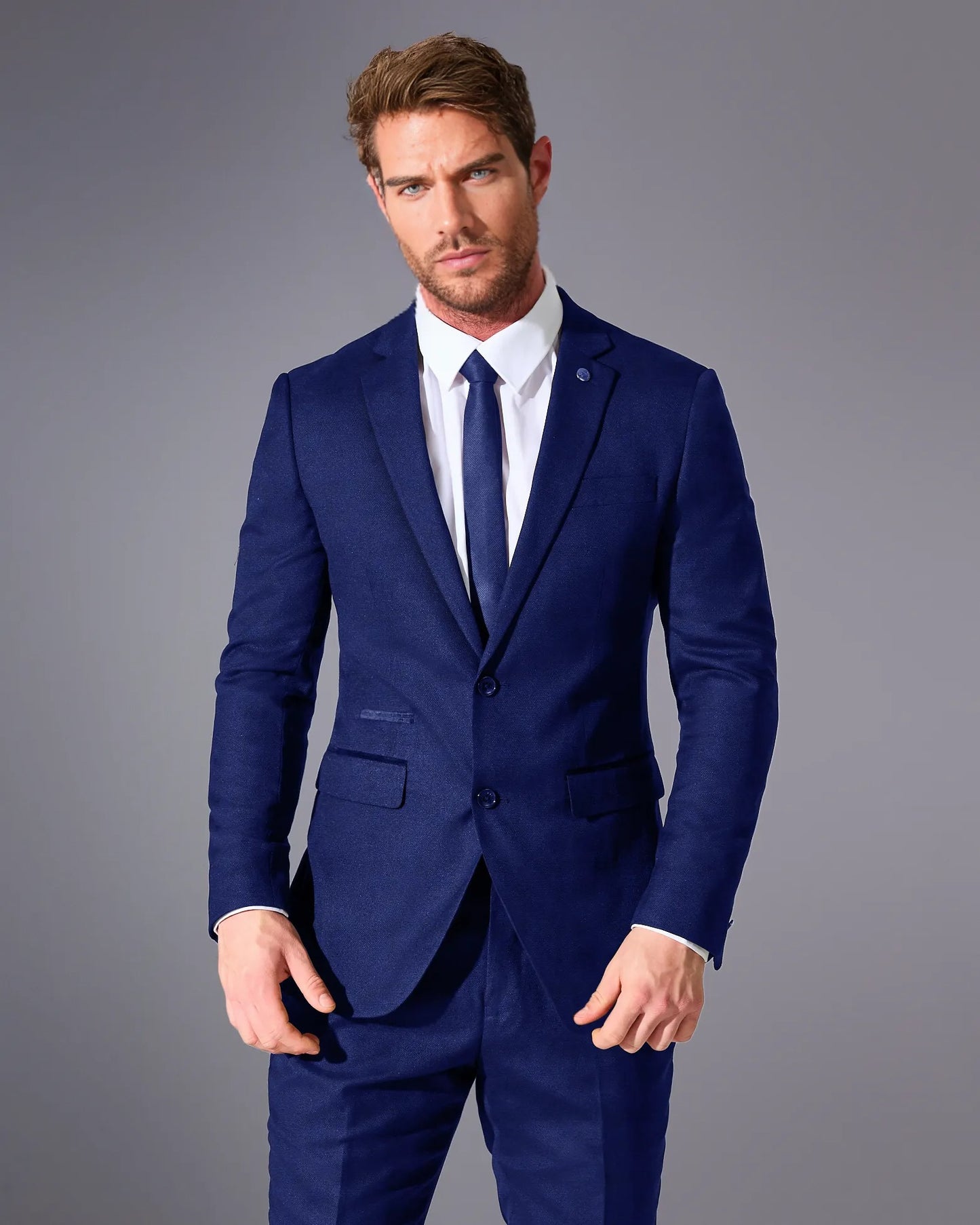 close tailored fit blue wool blend suit- cobalt blue